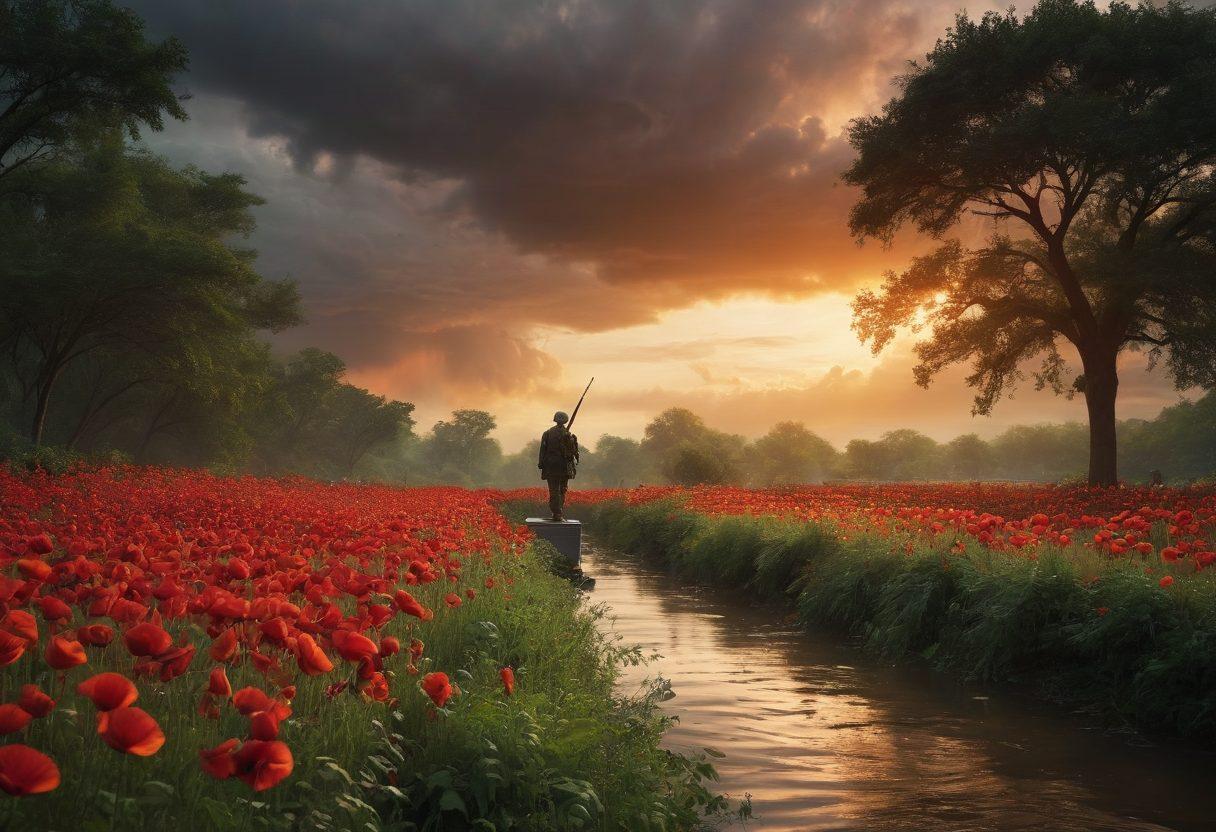 A poignant scene depicting both a battlefield and a serene memorial, blending vibrant images of soldiers in action with a peaceful setting of a Vietnam War memorial surrounded by lush greenery. The sky transitions from a tumultuous storm to a serene sunset, symbolizing the journey from conflict to remembrance. Include vivid poppies and a flowing river to enhance the emotional impact. super-realistic. vibrant colors. 3D.