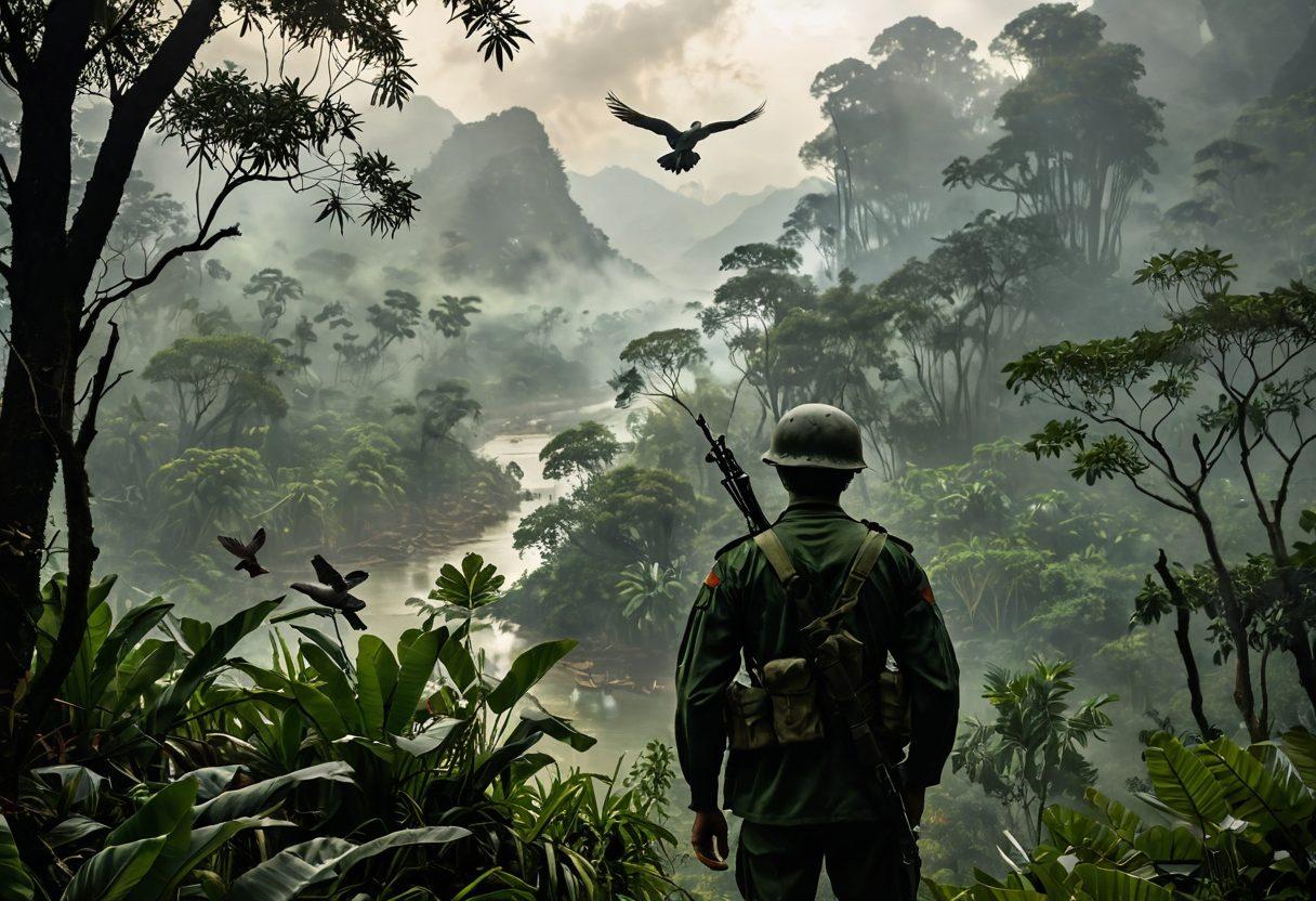 A powerful and evocative scene depicting a Vietnam War soldier gazing into the distance, surrounded by lush jungles and misty mountains. In the background, subtle silhouettes of fallen comrades are interspersed with symbolic elements like doves and olive branches, representing peace and valor. The atmosphere should be reflective and poignant, highlighting the untold stories of bravery and sacrifice. Use a dramatic color palette with deep greens and soft browns to enhance the emotion of the scene. super-realistic. vibrant colors. atmospheric lighting.