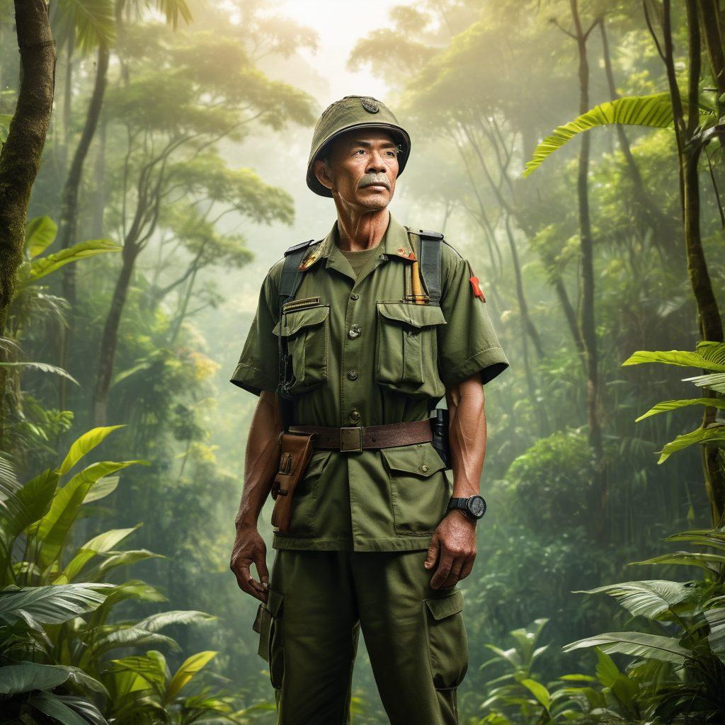 A brave veteran standing tall in front of a lush, green jungle backdrop symbolizing Vietnam, with a reflective expression showcasing wisdom and resilience. Incorporate elements of military strategy like maps and binoculars in the foreground, while soft sunlight filters through the trees, creating a sense of hope and reflection. The atmosphere should evoke a mix of nostalgia and courage. super-realistic. vibrant colors. 3D.